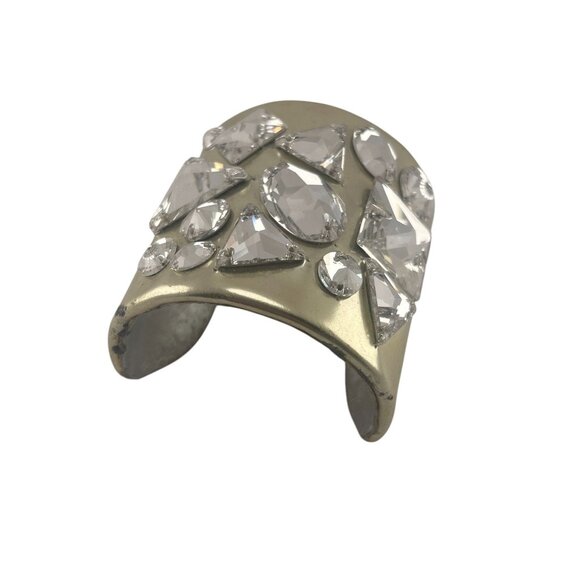Ted Rossi NYC Gold Silver Leather Designer Rare Y2K Crystal Cuff Bracelet 2" Wid - Picture 9 of 10